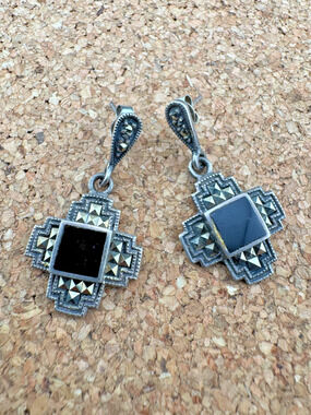 Vintage Sterling Silver 925 Marcasite Onyx Earrings